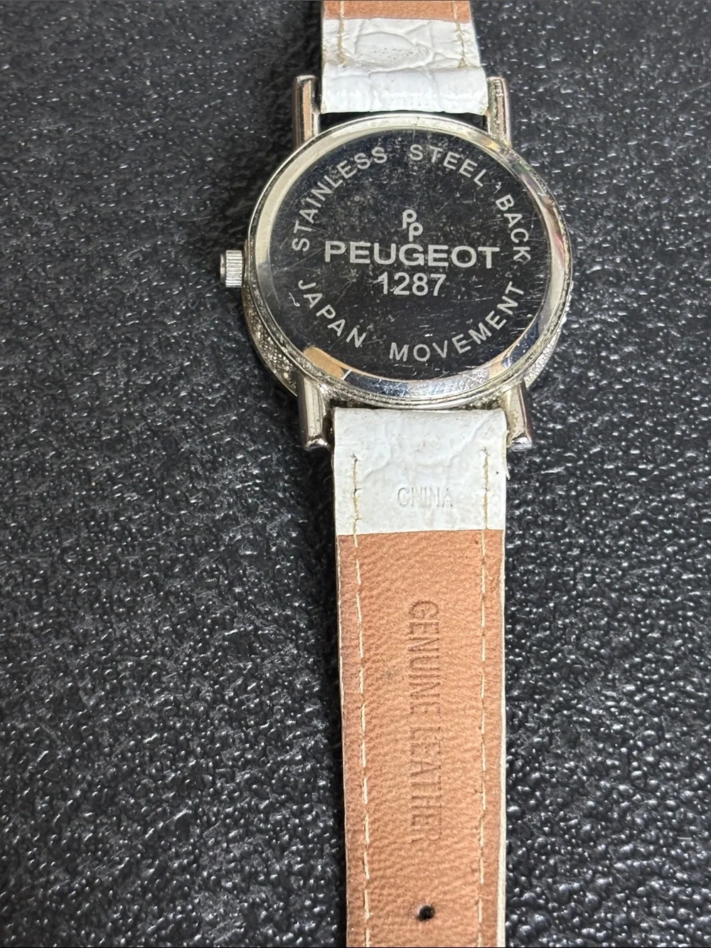 Peugeot WORKING Silver-Tone Crystal Dial Watch Leather White Croc Strap